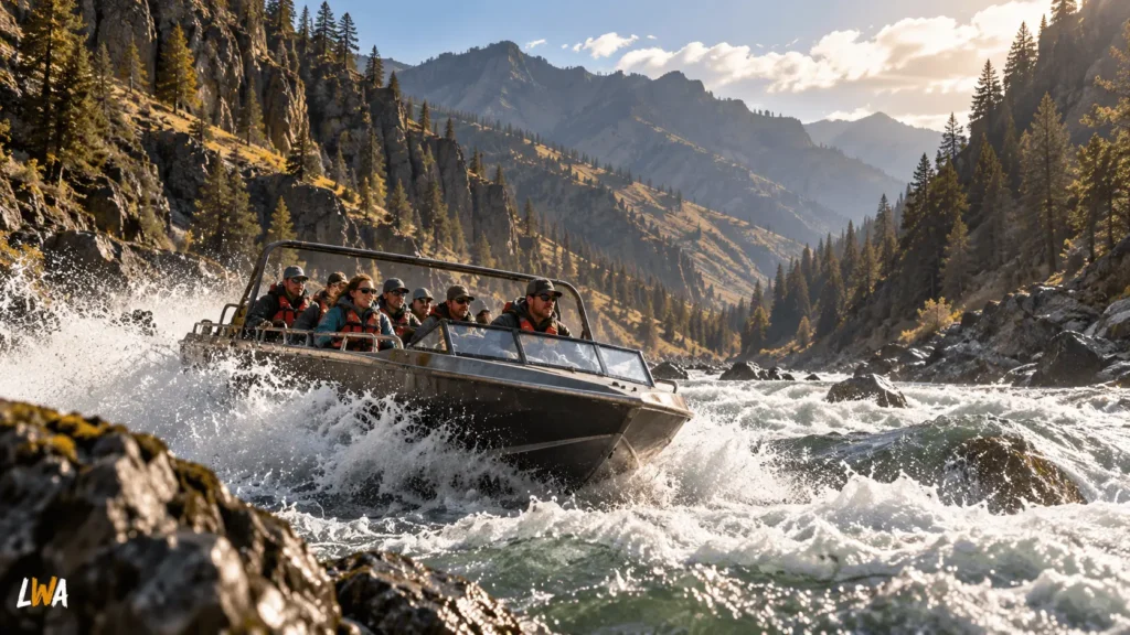 Passenger jet boat navigating whitewater in a rugged forested mountain canyon