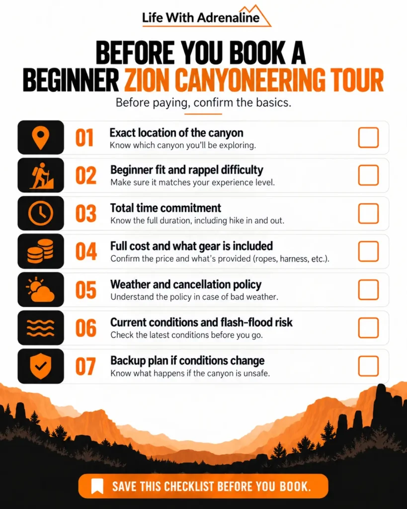 Checklist for booking a beginner canyoneering tour near Zion including location, difficulty, cost, weather and flash flood risk