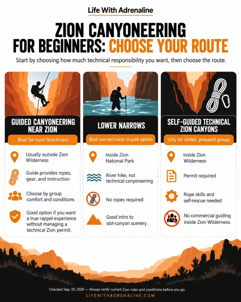 Decision chart comparing guided canyoneering near Zion, the lower Narrows, and self-guided technical Zion canyons
