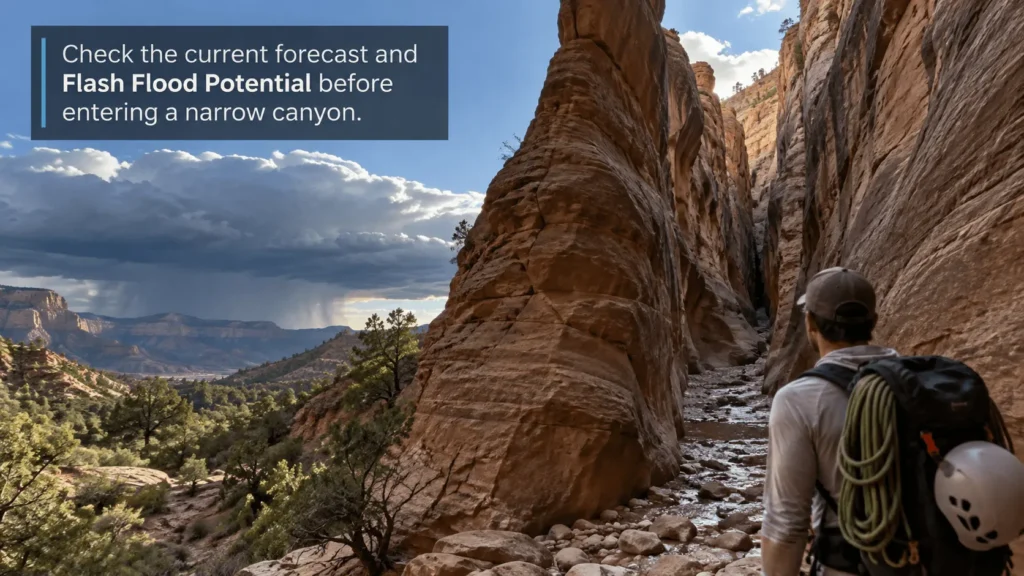 Storm clouds near a sandstone slot canyon illustrating flash flood risk during canyoneering near Zion