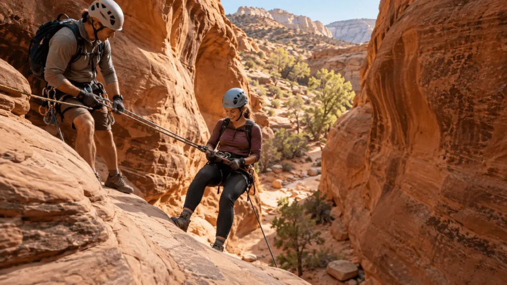 Beginner participant rappelling with a guide in a sandstone canyon near Zion National Park
