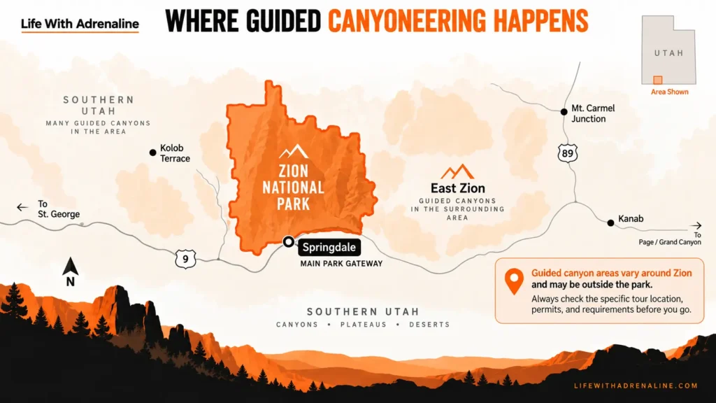 Orientation map showing Zion National Park, Springdale, East Zion, and surrounding guided canyoneering areas in Southern Utah