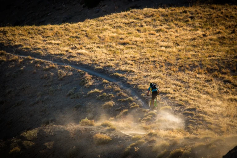 A helmeted mountain biker following a winding dirt trail through sunlit dry grass, with dust behind the bike.