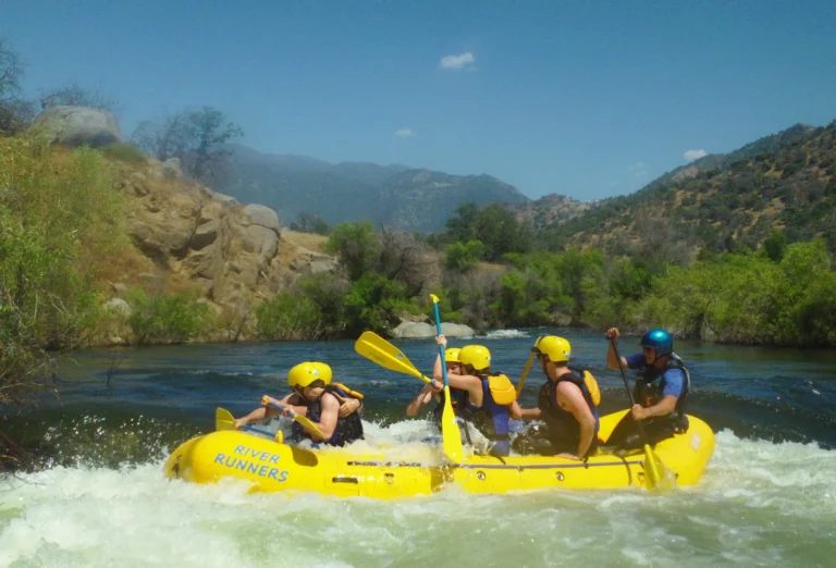 Helmeted rafters in a yellow raft surrounded by whitewater, with rocky hills and trees behind them.