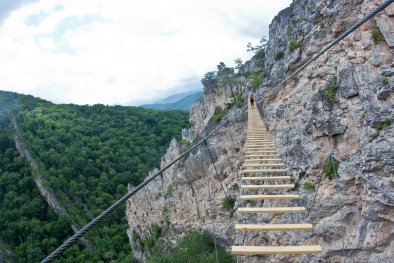 People crossing a narrow suspension bridge beside a rock wall above a forested valley.