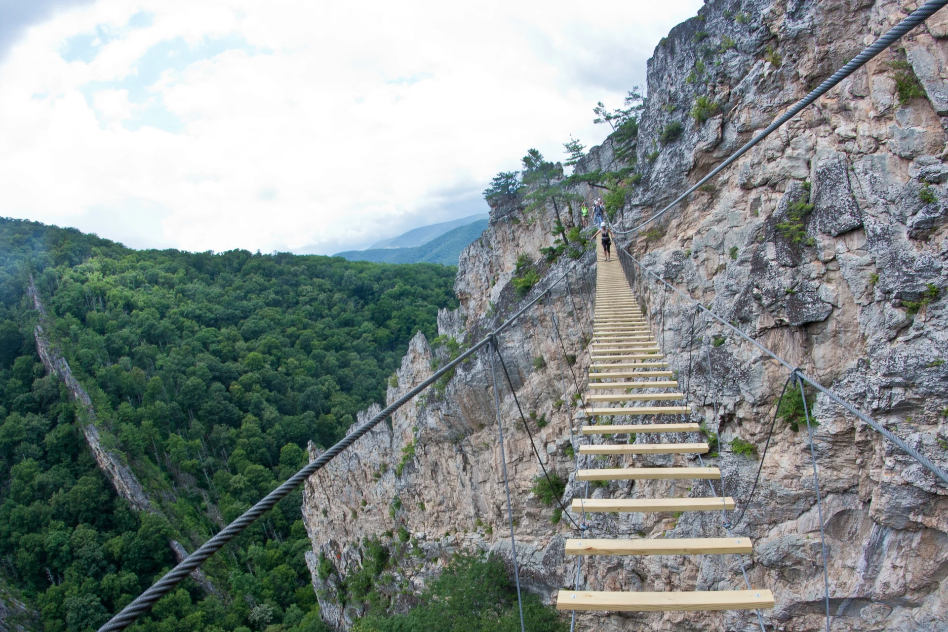 People crossing a narrow suspension bridge beside a rock wall above a forested valley.