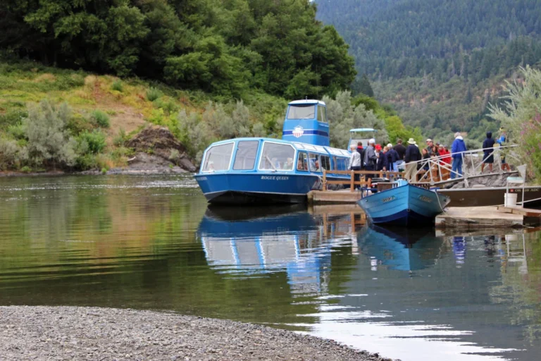 Passengers beside a blue passenger boat at a river landing, with wooded hills behind.